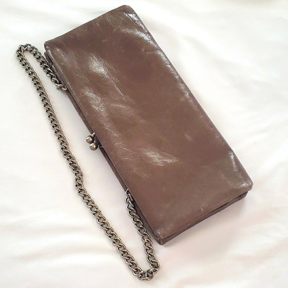 Like NEWGray Distressed Leather HOBO Intl' Clutch with Chain... Kiss Lock!! - Picture 1 of 10
